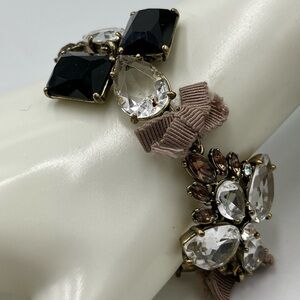 J. Crew Vintage Signed Black Clear Brown Rhinestone Ribbon Statement Bracelet